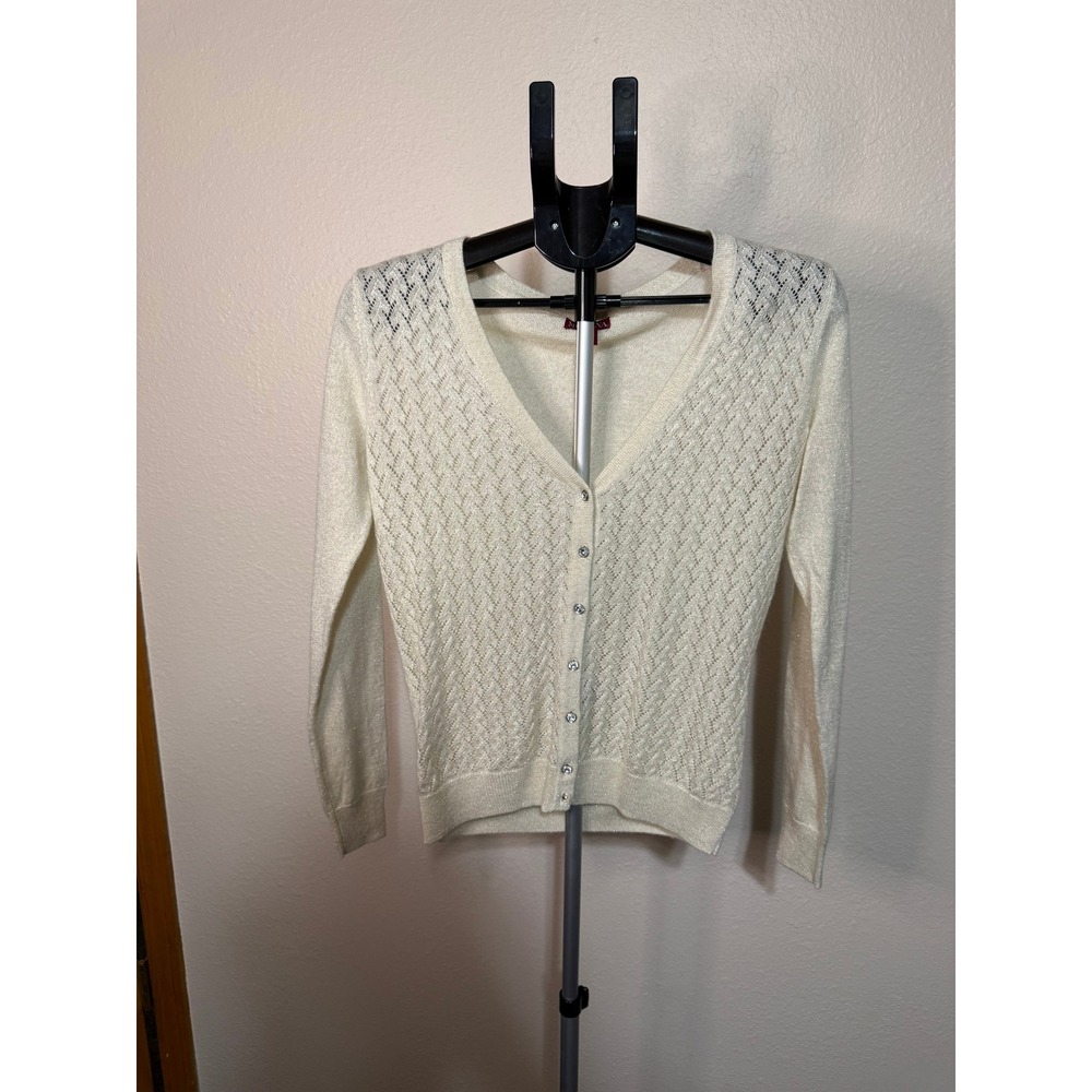 Merona Cream Metallic Sparkle Knit V-Neck Cardigan Sweater Womens Medium